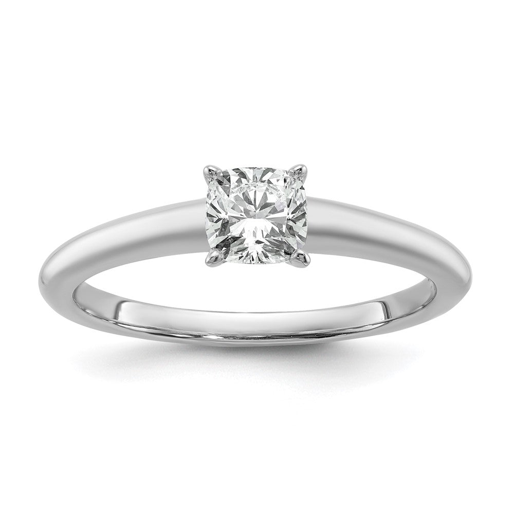 14kw 3/4ct Lab Grown Diamond VS+ F+ Cushion Comp Solitaire Eng Ring