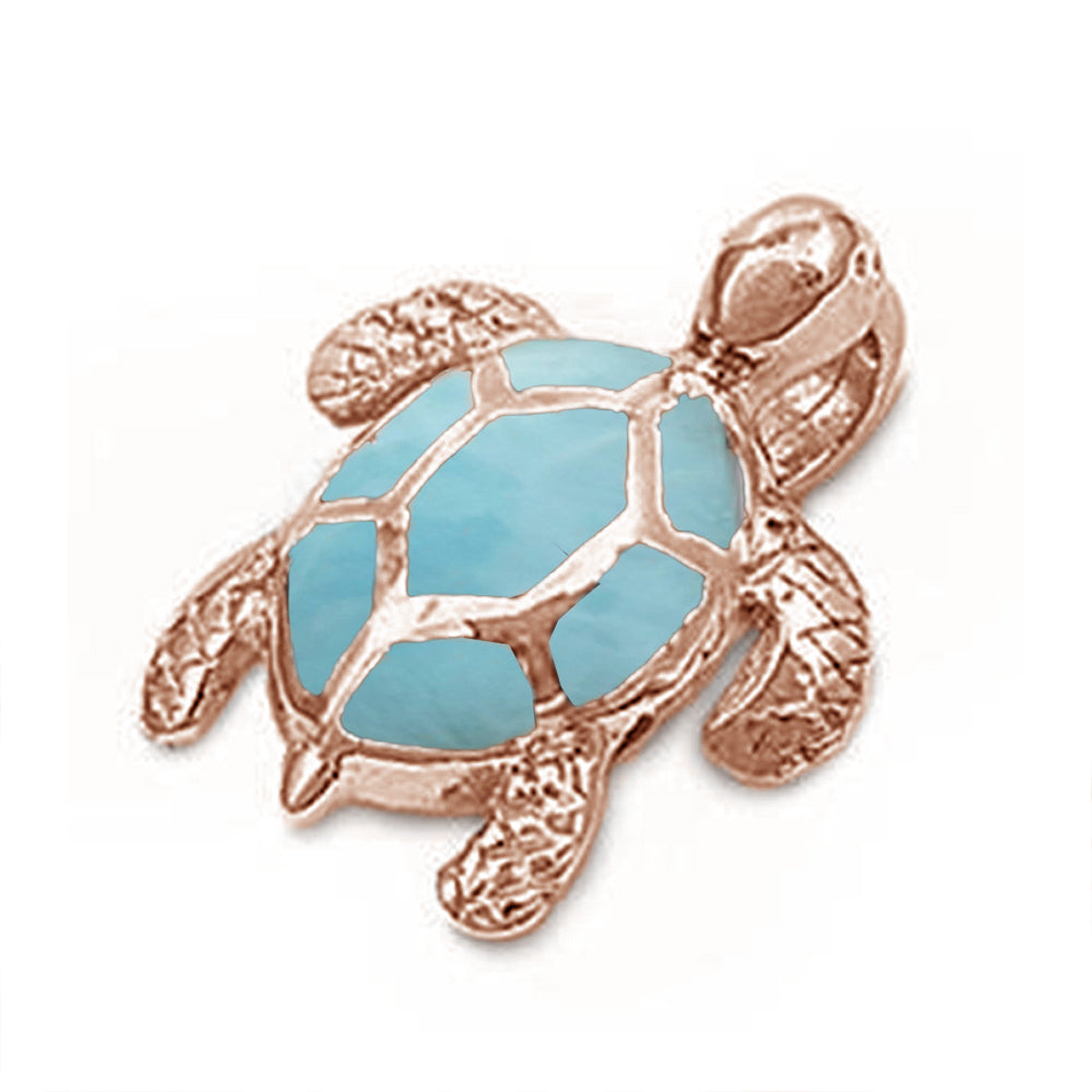 Rose Gold Plated Natural Larimar Sea Turtle Pendant .925 Sterling Silver ABC Rugs Kilims