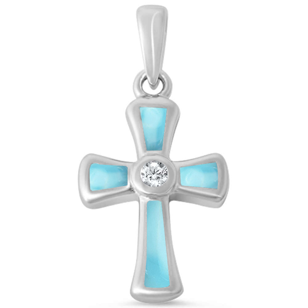 Round Cubic Zirconia & Natural Larimar Cross .925 Sterling Silver Pendant ABC Rugs Kilims