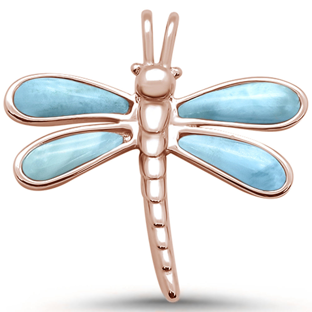 Rose Gold Plated Natural Larimar Dragonfly .925 Sterling Silver Pendant ABC Rugs Kilims