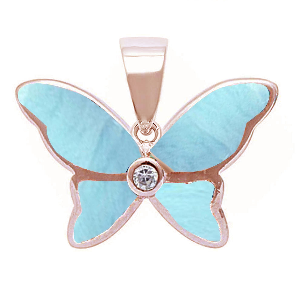 Rose Gold Plated Natural Larimar Butterfly .925 Sterling Silver Pendant ABC Rugs Kilims