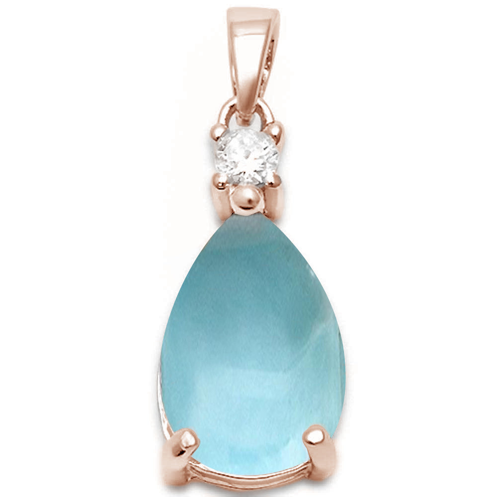 Rose Gold Plated Pear Shape Natural Larimar & Cubic Zirconia .925 Sterling Silver Pendant ABC Rugs Kilims