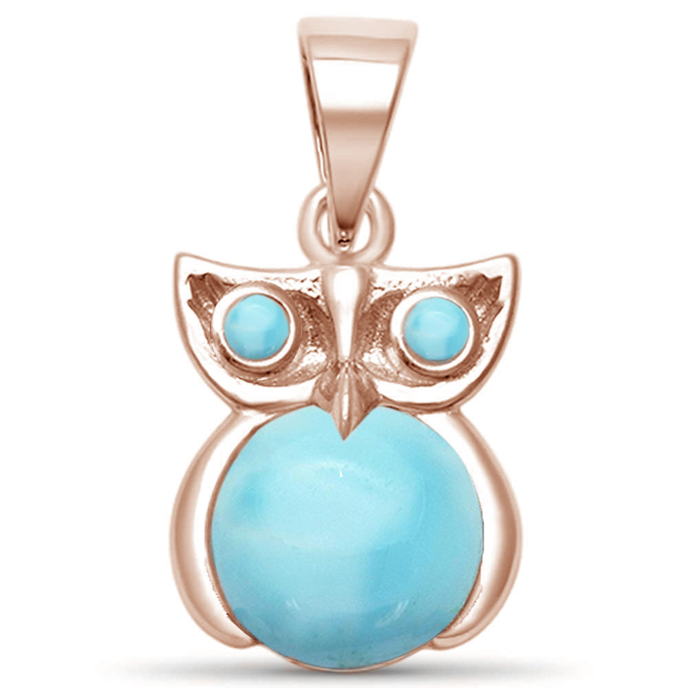 Rose Gold Plated Natural Larimar Whimsical Owl .925 Sterling Silver Pendant ABC Rugs Kilims