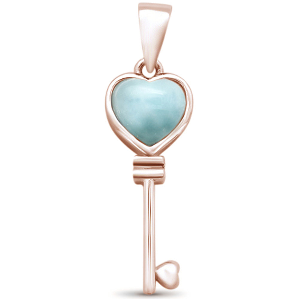 Rose Gold Plated Natural Larimar Heart Key .925 Sterling Silver Pendant ABC Rugs Kilims