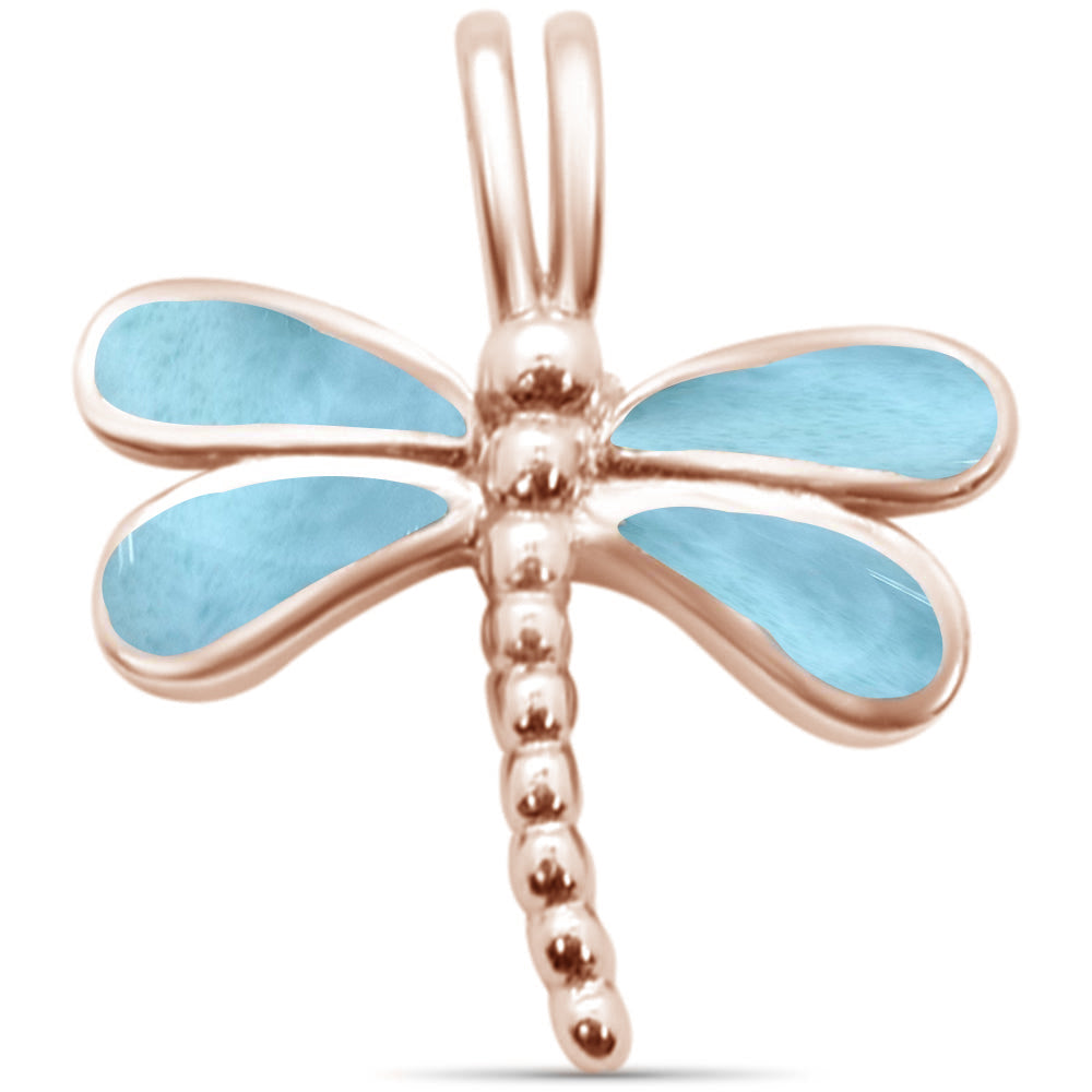 Rose Gold Plated Natural Larimar Dragonfly .925 Sterling Silver Pendant ABC Rugs Kilims