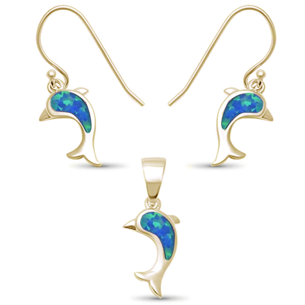 Yellow Gold Plated Blue Opal Dolphin .925 Sterling Silver Earring & Pendant Set .50" ABC Rugs Kilims