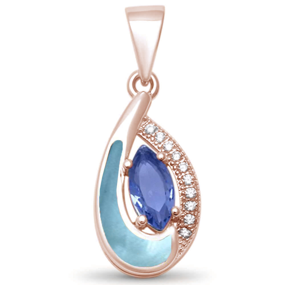 Rose Gold Plated Tear Drop Tanzanite, Cz & Natural Larimar .925 Sterling Silver Pendant ABC Rugs Kilims