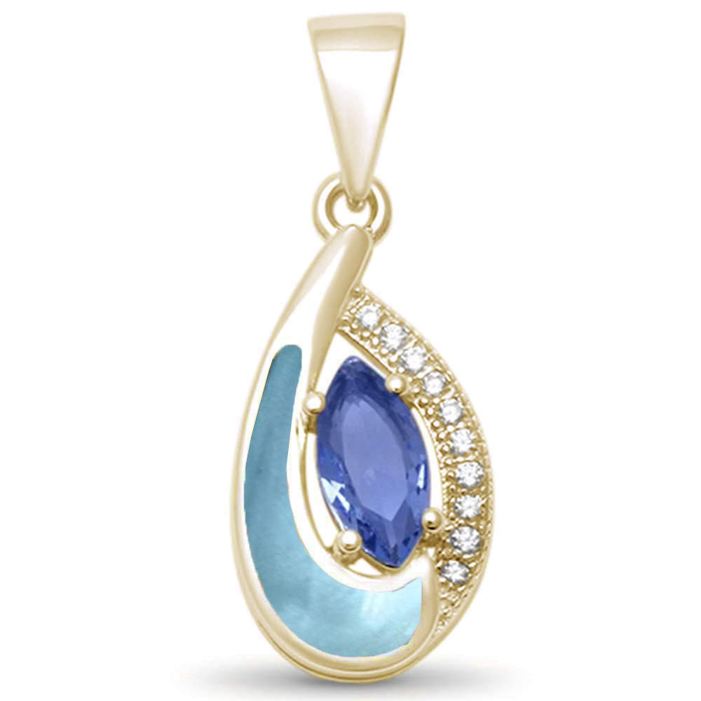 Yellow Gold Plated Tear Drop Tanzanite, Cz & Natural Larimar .925 Sterling Silver Pendant ABC Rugs Kilims