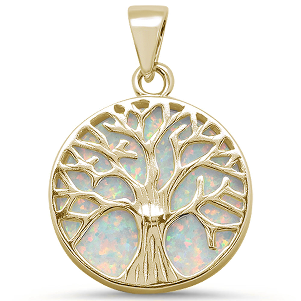 Yellow Gold Plated Round White Opal Tree Of Life Design .925 Sterling Silver Pendant ABC Rugs Kilims