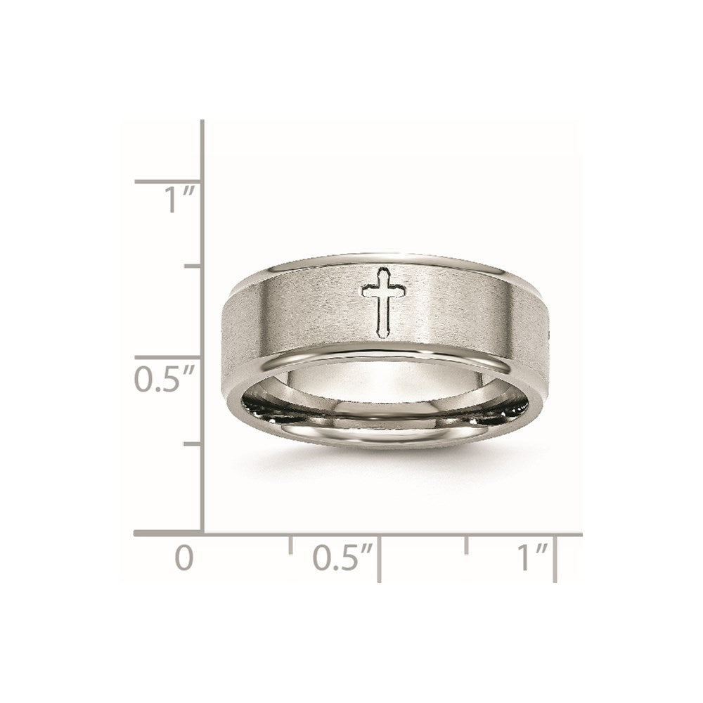 Stainless Steel Brushed and Polished Cross 8mm Ridged Edge Band