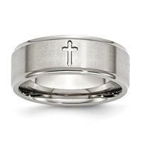 Stainless Steel Brushed and Polished Cross 8mm Ridged Edge Band