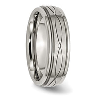 Stainless Steel Polished/Brushed Criss-cross Design 7mm Ridged Edge Band