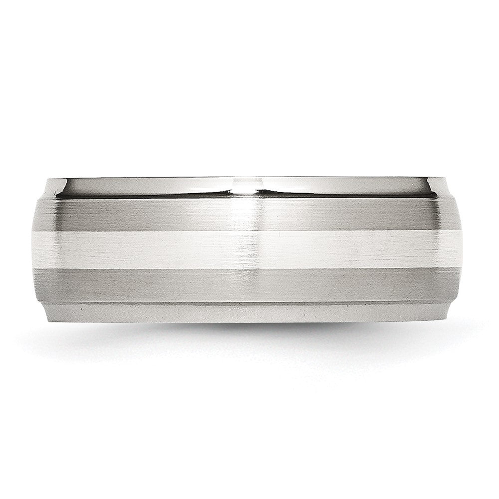 Stainless Steel Sterling Silver Inlay Brushed/Polished 8mm Ridged Edge Band