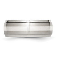 Stainless Steel Sterling Silver Inlay Brushed/Polished 8mm Ridged Edge Band