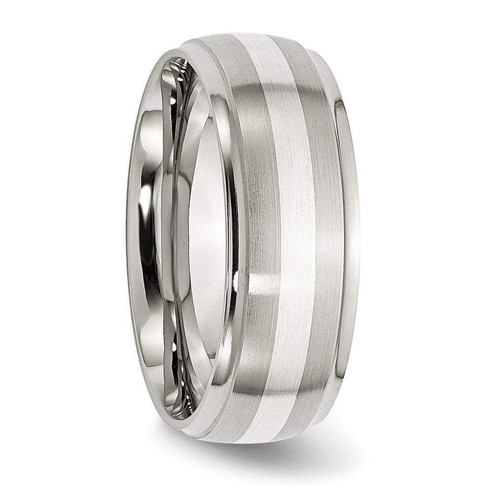 Stainless Steel Sterling Silver Inlay Brushed/Polished 8mm Ridged Edge Band