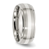 Stainless Steel Sterling Silver Inlay Brushed/Polished 8mm Ridged Edge Band