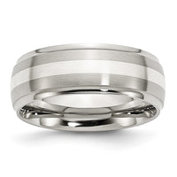 Stainless Steel Sterling Silver Inlay Brushed/Polished 8mm Ridged Edge Band