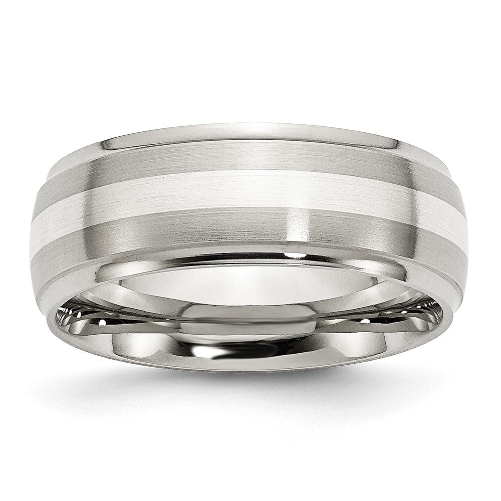Stainless Steel Sterling Silver Inlay Brushed/Polished 8mm Ridged Edge Band