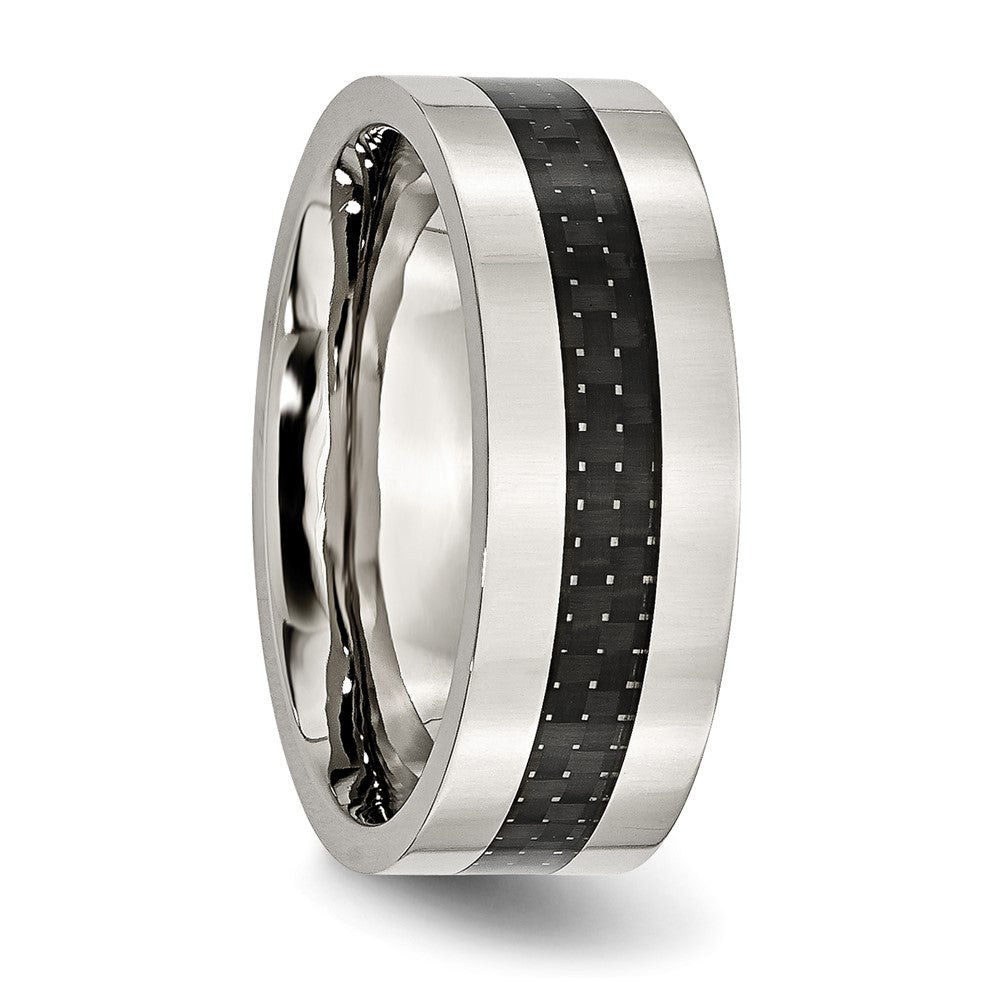 Stainless Steel Polished w/Black Carbon Fiber Inlay 8mm Flat Band