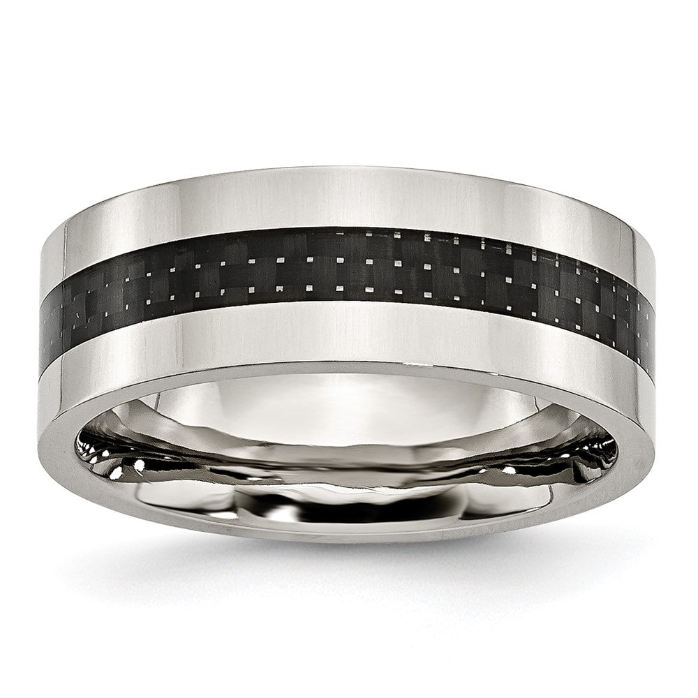 Stainless Steel Polished w/Black Carbon Fiber Inlay 8mm Flat Band