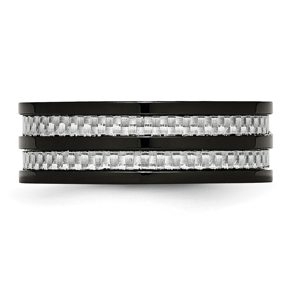 Stainless Steel Polished Black IP-plated Grey Carbon Fiber Inlay 8mm Band