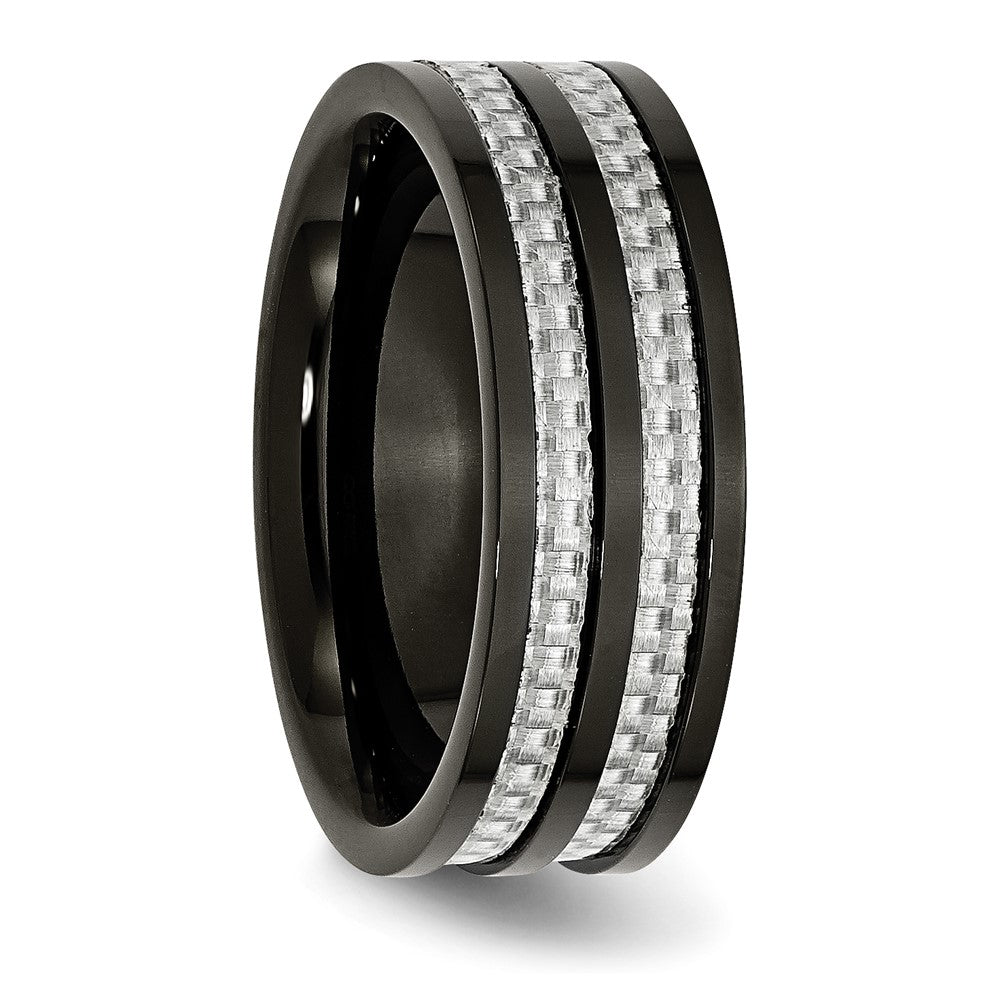 Stainless Steel Polished Black IP-plated Grey Carbon Fiber Inlay 8mm Band