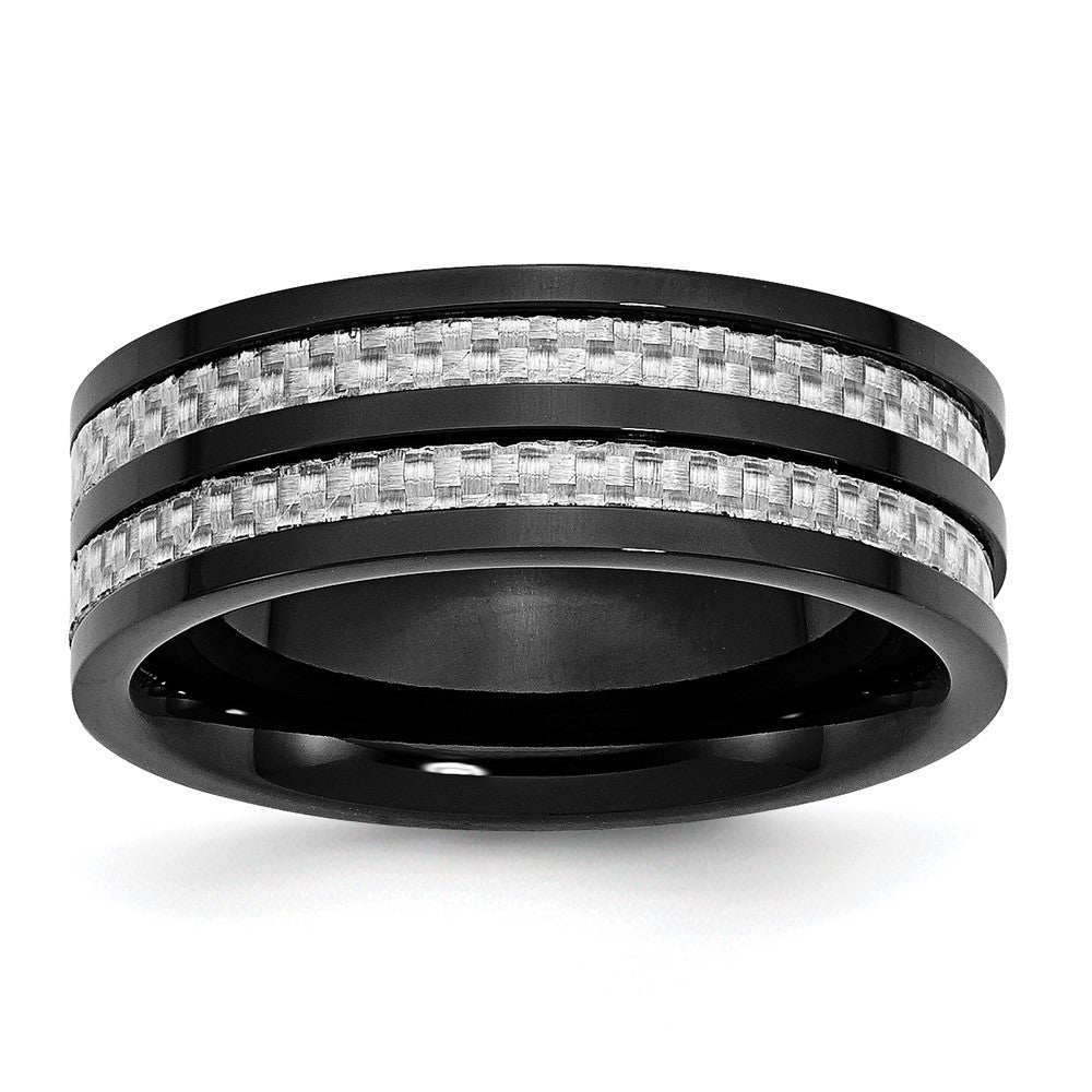 Stainless Steel Polished Black IP-plated Grey Carbon Fiber Inlay 8mm Band