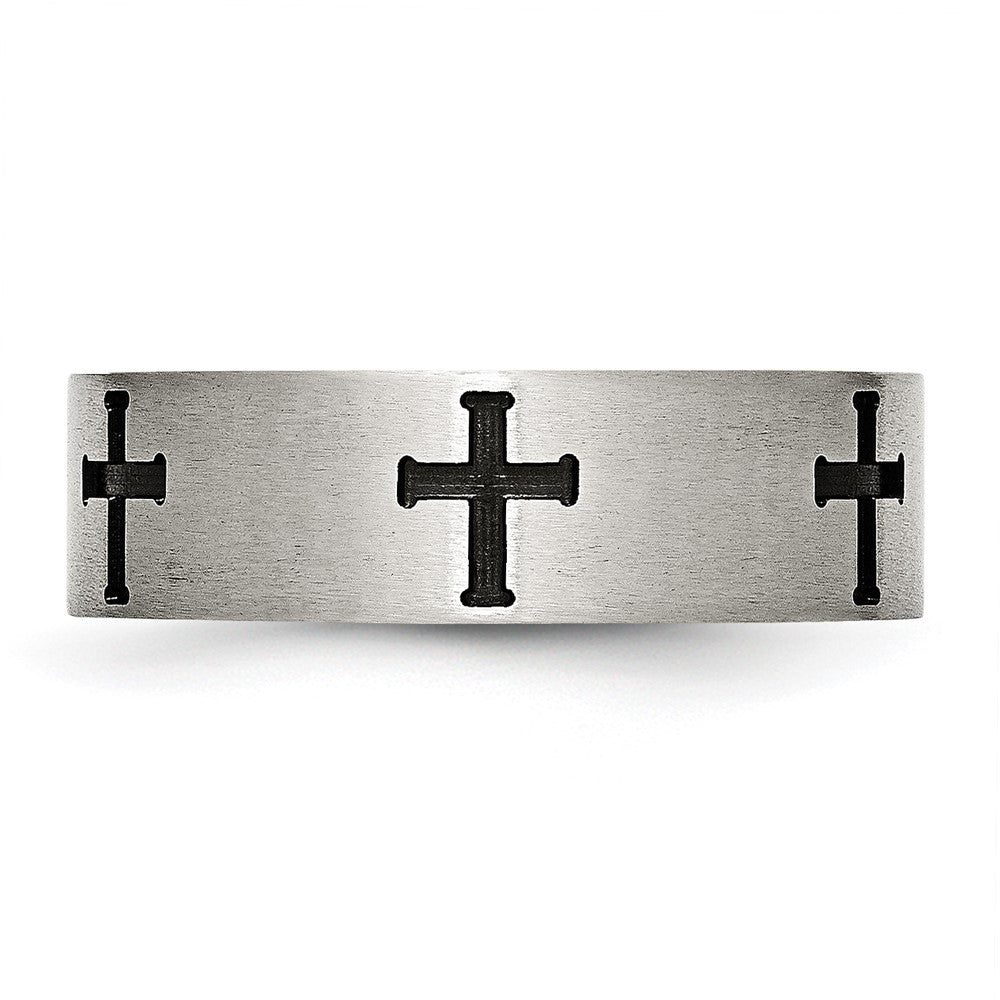 Stainless Steel Brushed/Polished Black IP-plated Crosses 7mm Band