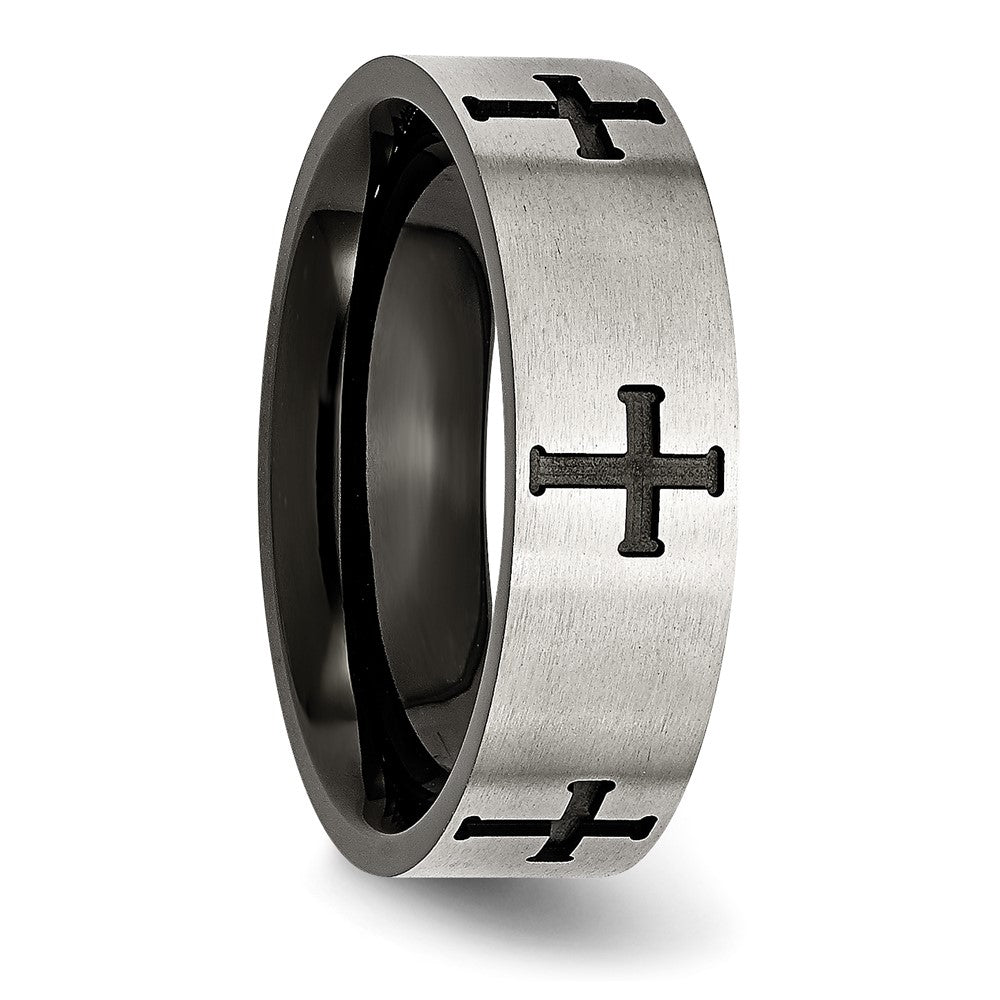 Stainless Steel Brushed/Polished Black IP-plated Crosses 7mm Band