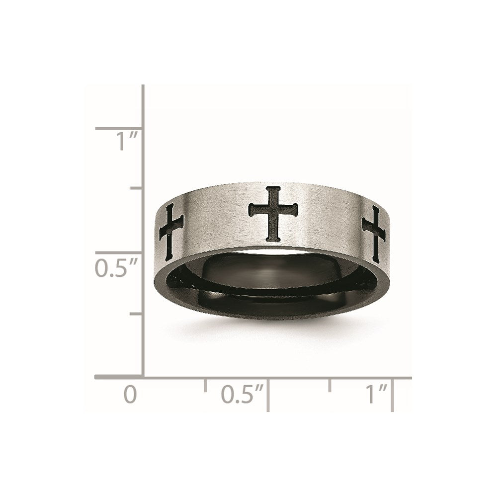Stainless Steel Brushed/Polished Black IP-plated Crosses 7mm Band