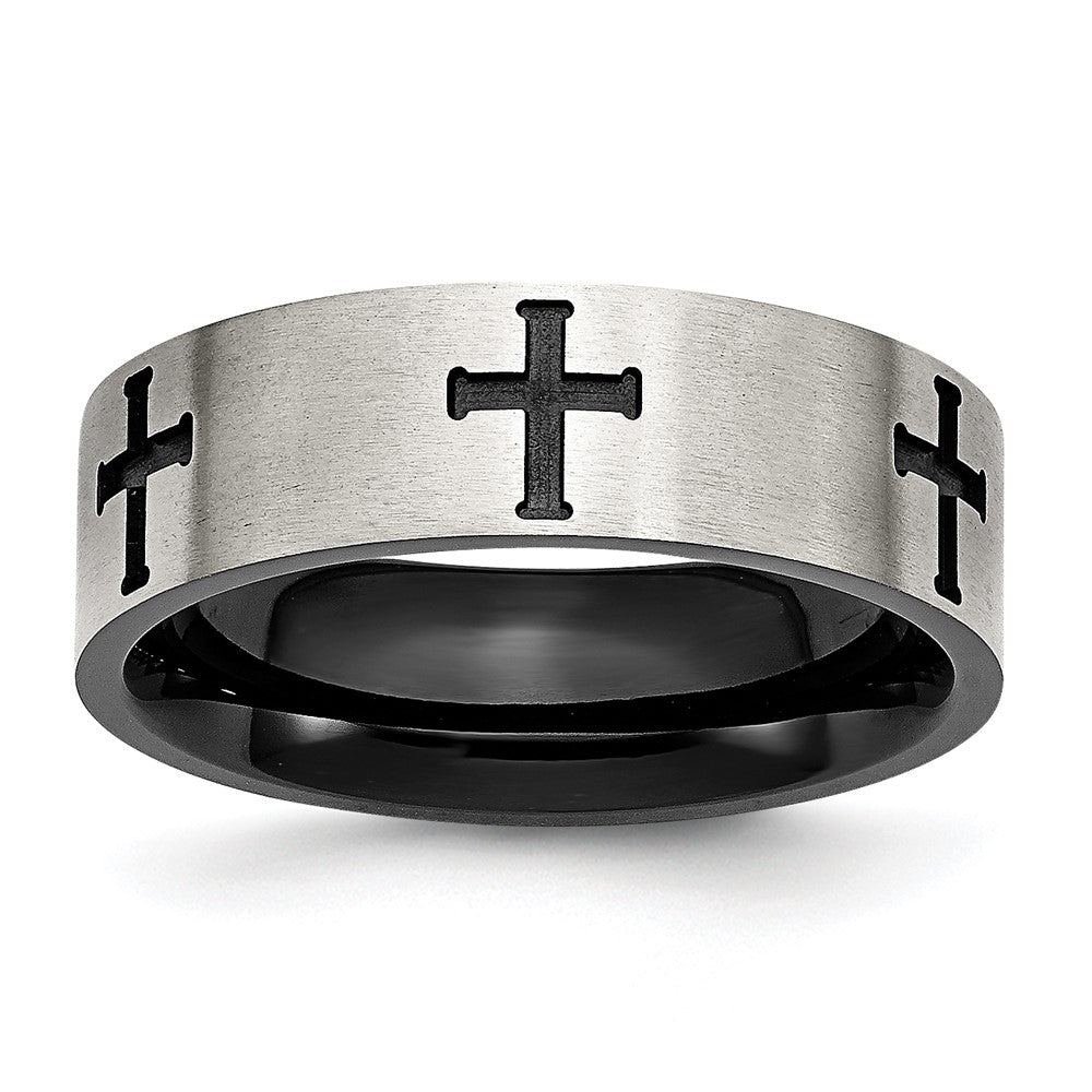 Stainless Steel Brushed/Polished Black IP-plated Crosses 7mm Band