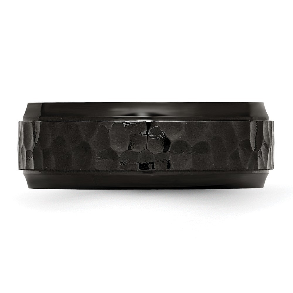 Stainless Steel Polished/Hammered Black IP-plated 8mm Beveled Edge Band