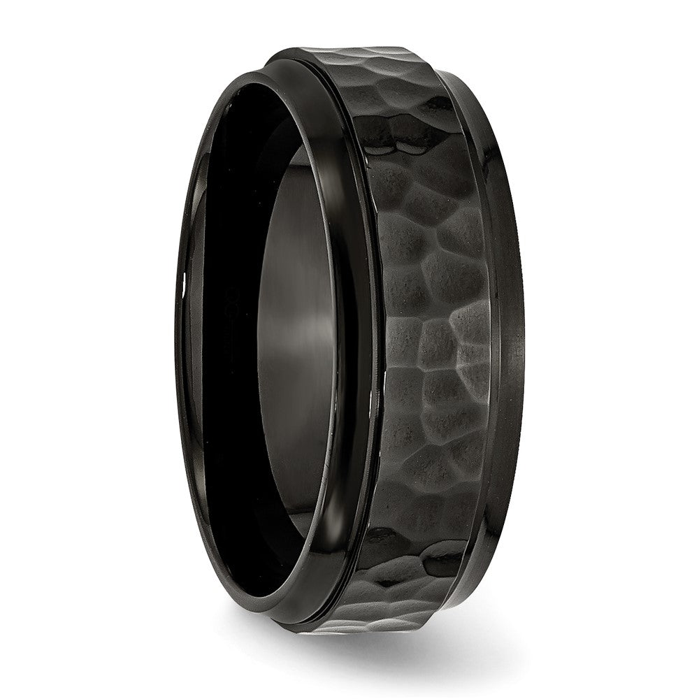 Stainless Steel Polished/Hammered Black IP-plated 8mm Beveled Edge Band
