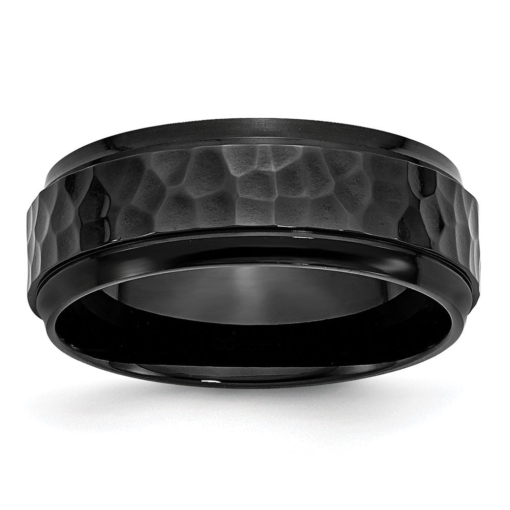 Stainless Steel Polished/Hammered Black IP-plated 8mm Beveled Edge Band