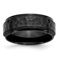 Stainless Steel Polished/Hammered Black IP-plated 8mm Beveled Edge Band