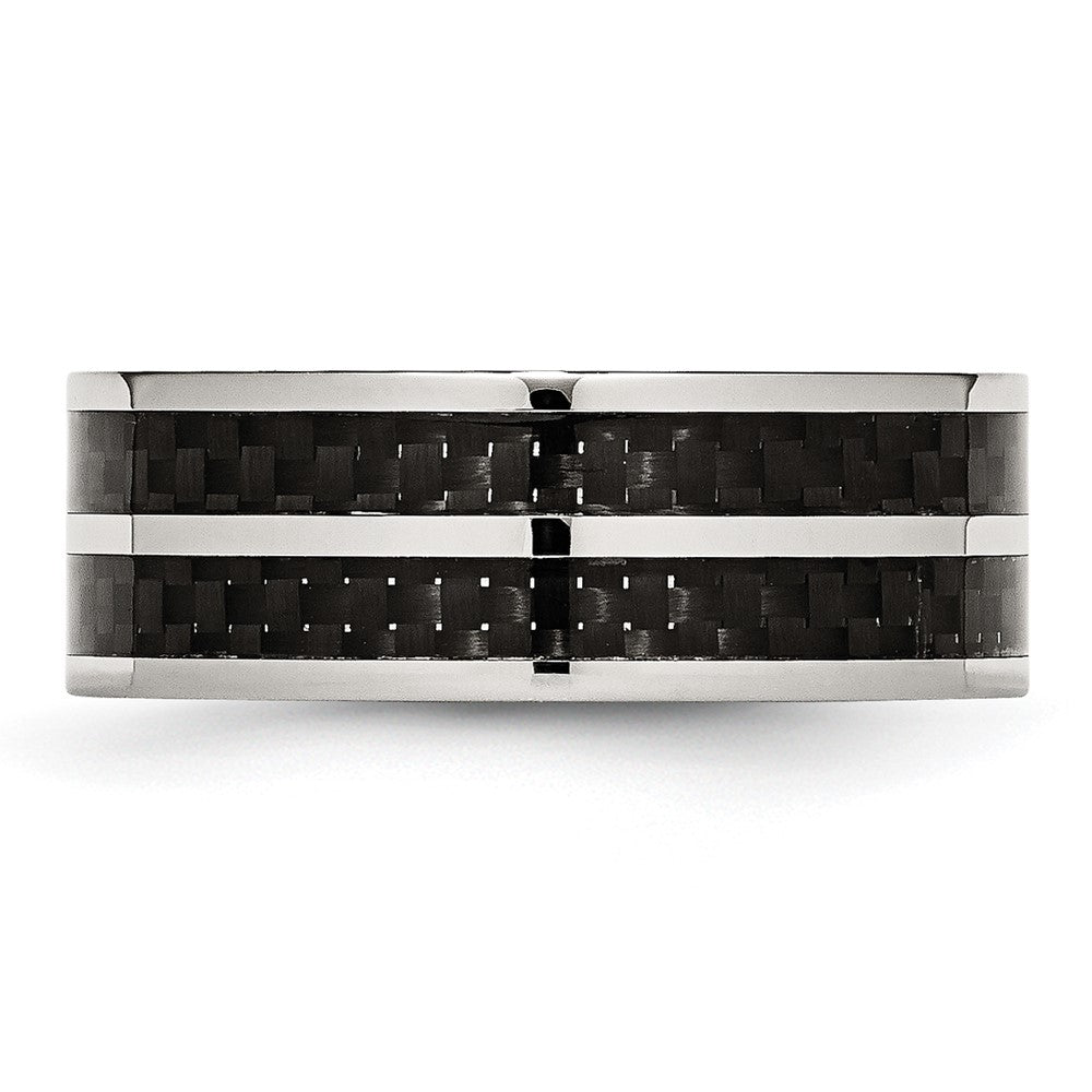Stainless Steel Polished Double Row Black Carbon Fiber Inlay 8mm Band
