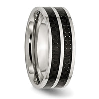 Stainless Steel Polished Double Row Black Carbon Fiber Inlay 8mm Band