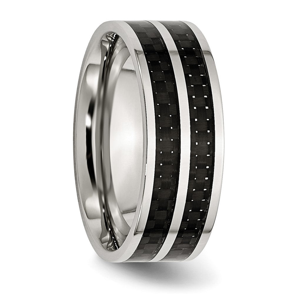 Stainless Steel Polished Double Row Black Carbon Fiber Inlay 8mm Band