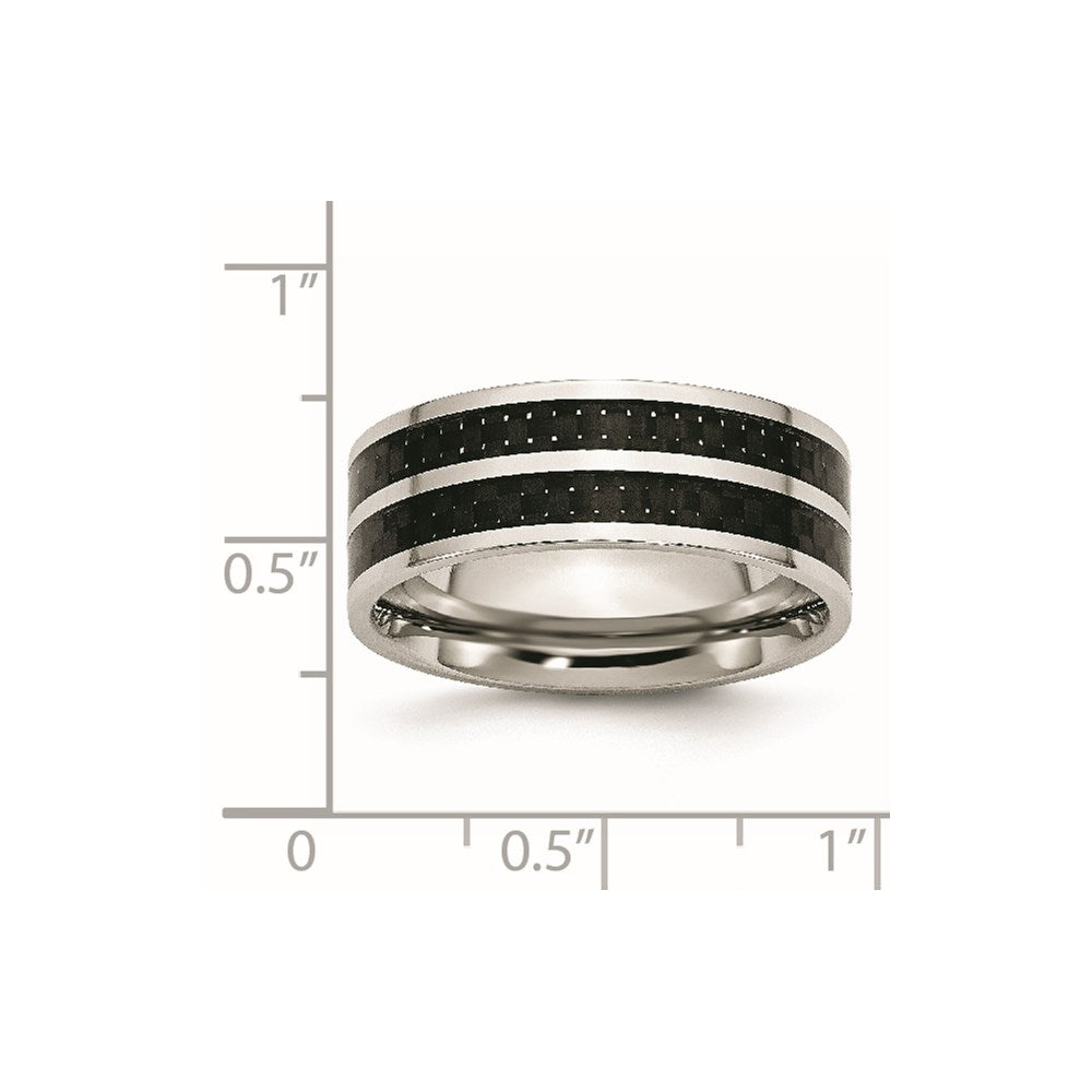 Stainless Steel Polished Double Row Black Carbon Fiber Inlay 8mm Band