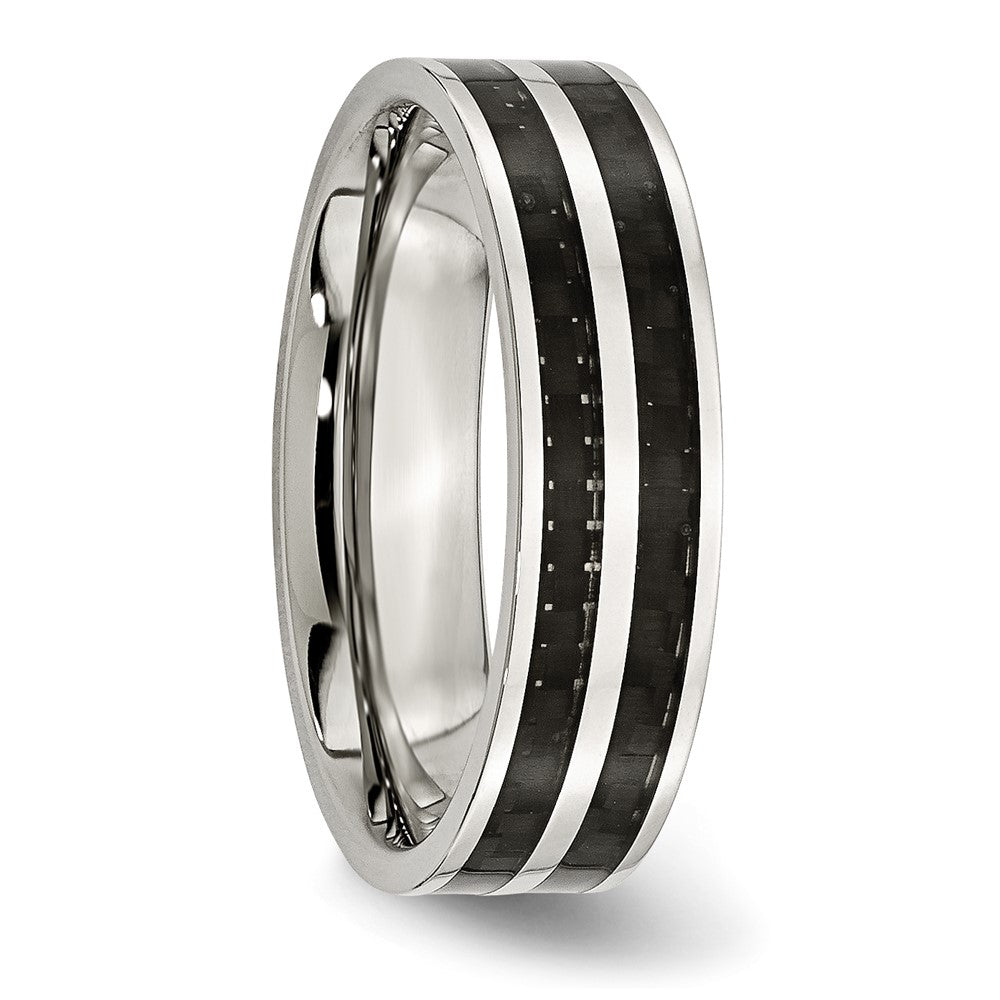 Stainless Steel Polished Double Row Black Carbon Fiber Inlay 6mm Band