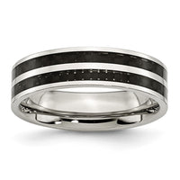 Stainless Steel Polished Double Row Black Carbon Fiber Inlay 6mm Band