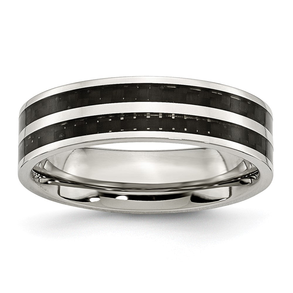 Stainless Steel Polished Double Row Black Carbon Fiber Inlay 6mm Band