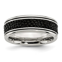 Stainless Steel Polished Grooved/Genuine Stingray Textured 8mm Band