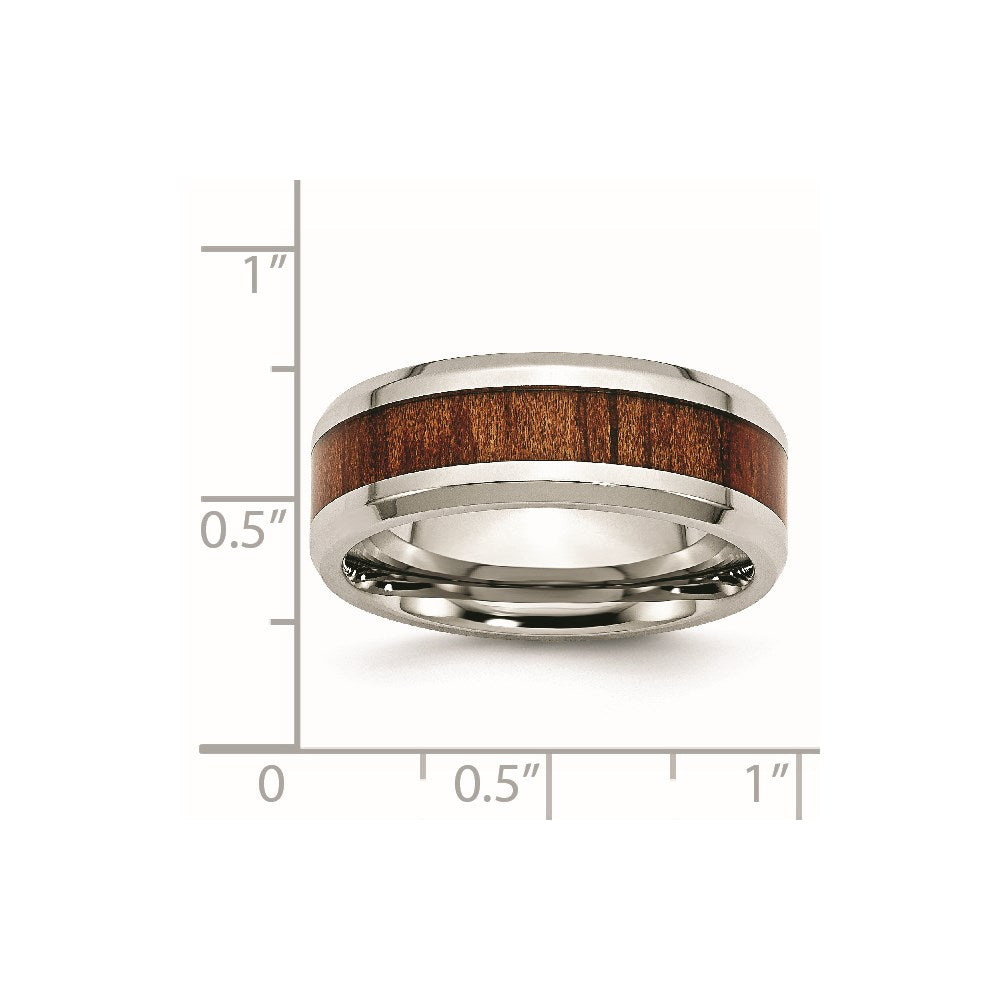 Stainless Steel Polished Red/Orange Koa Wood Enameled 8mm Band