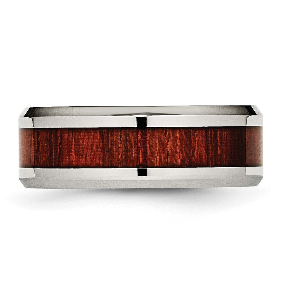 Stainless Steel Polished Red Koa Wood Inlay Enameled 8mm Band