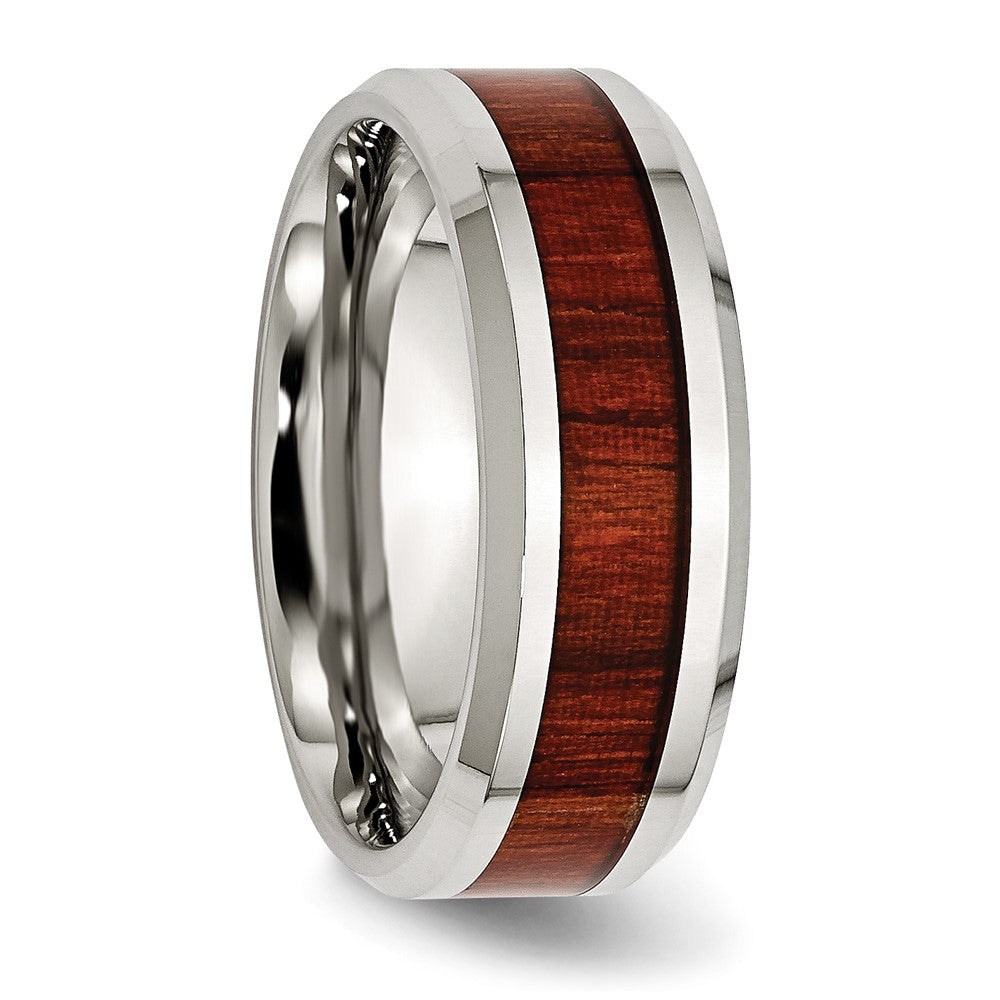 Stainless Steel Polished Red Koa Wood Inlay Enameled 8mm Band