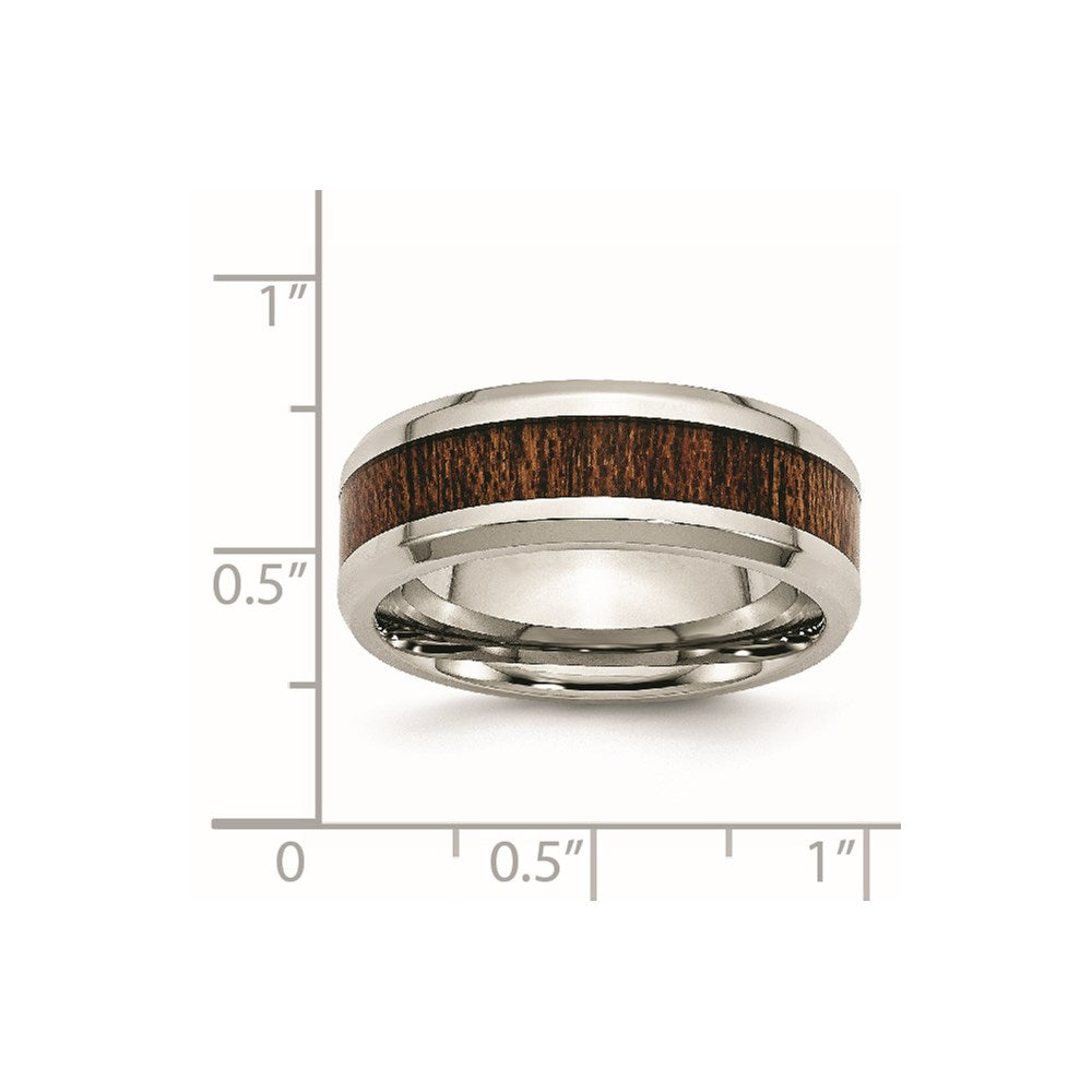 Stainless Steel Polished Brown Koa Wood Inlay Enameled 8mm Band