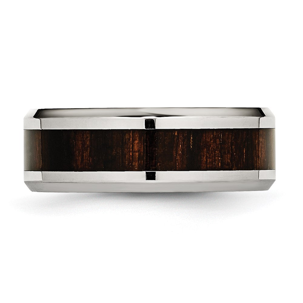 Stainless Steel Polished Black Koa Wood Inlay Enameled 8mm Band