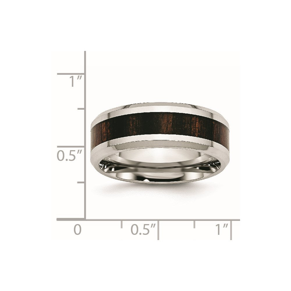 Stainless Steel Polished Black Koa Wood Inlay Enameled 8mm Band
