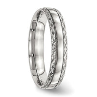 Stainless Steel Polished Satin Center Criss Cross Design 5mm Grooved Band